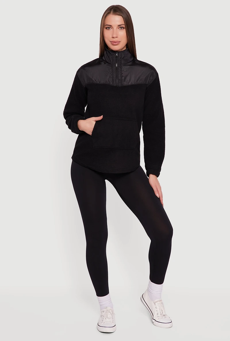 Womens Nylon Detail Zip Front Fleece Sweatshirt, Black, Size L