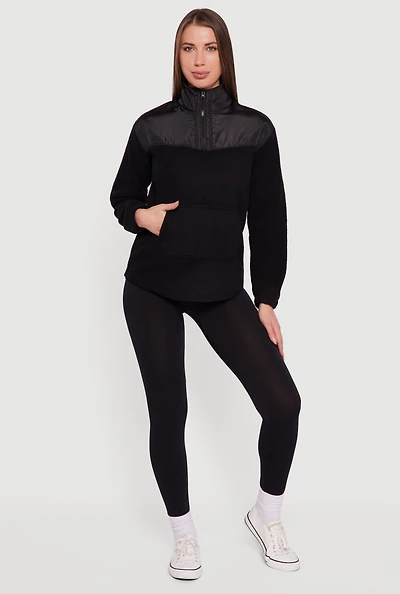 Womens Nylon Detail Zip Front Fleece Sweatshirt, Black, Size L