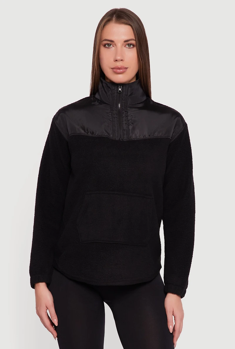 Womens Nylon Detail Zip Front Fleece Sweatshirt, Black, Size L