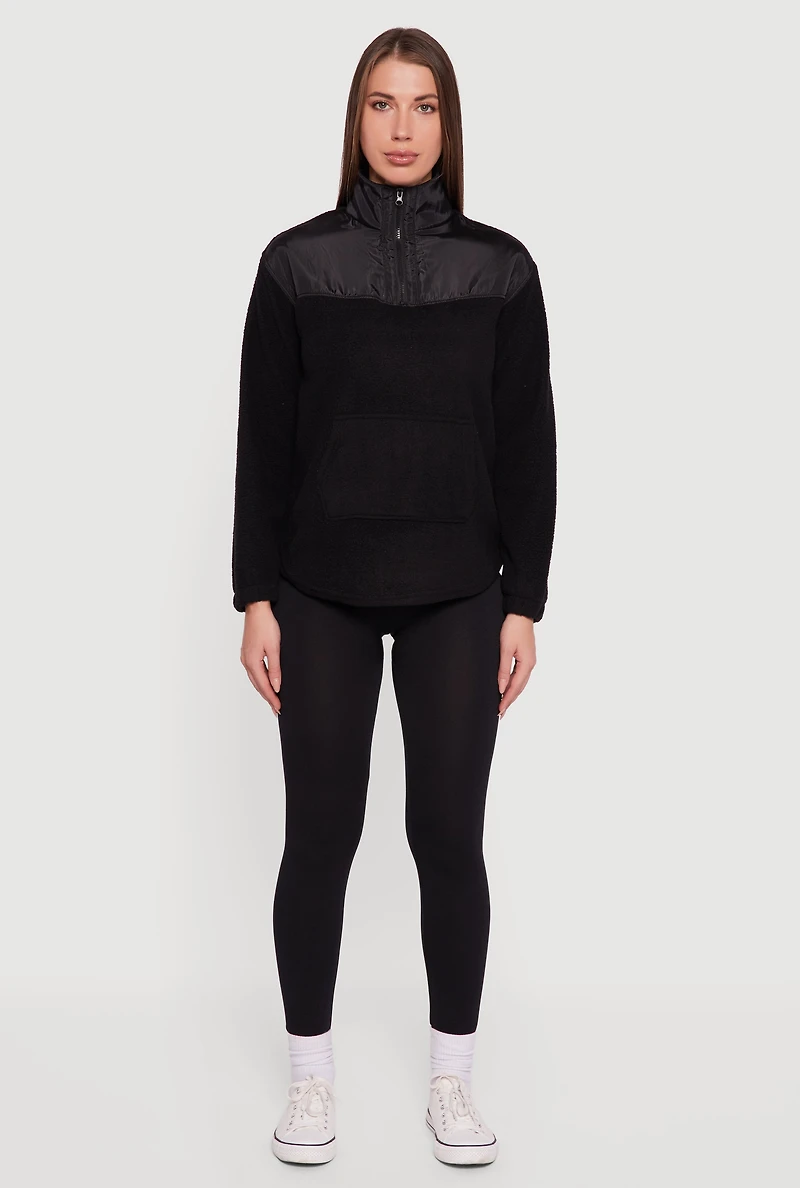 Womens Nylon Detail Zip Front Fleece Sweatshirt, Black, Size L