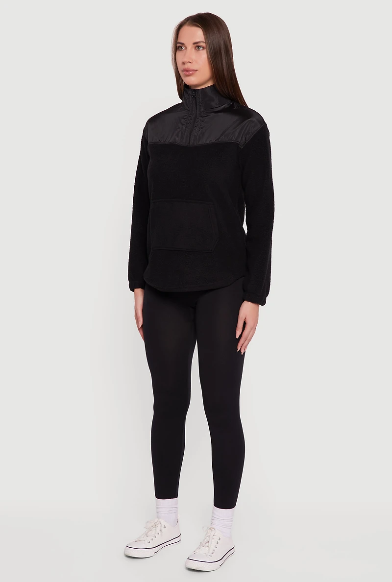 Womens Nylon Detail Zip Front Fleece Sweatshirt, Black, Size L