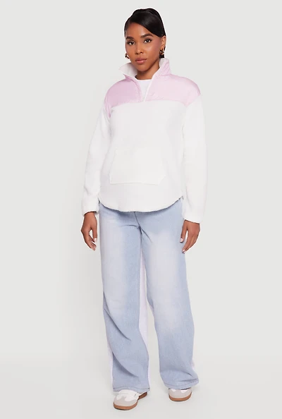Womens Nylon Detail Zip Front Fleece Sweatshirt, White, Size XL
