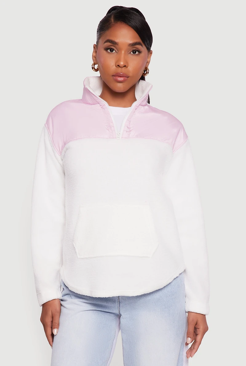 Womens Nylon Detail Zip Front Fleece Sweatshirt, White, Size M