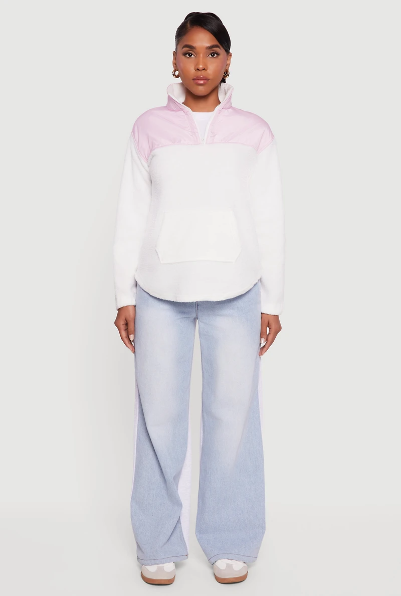 Womens Nylon Detail Zip Front Fleece Sweatshirt, White, Size M