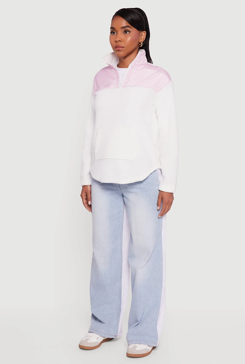 Womens Nylon Detail Zip Front Fleece Sweatshirt, White, Size XL