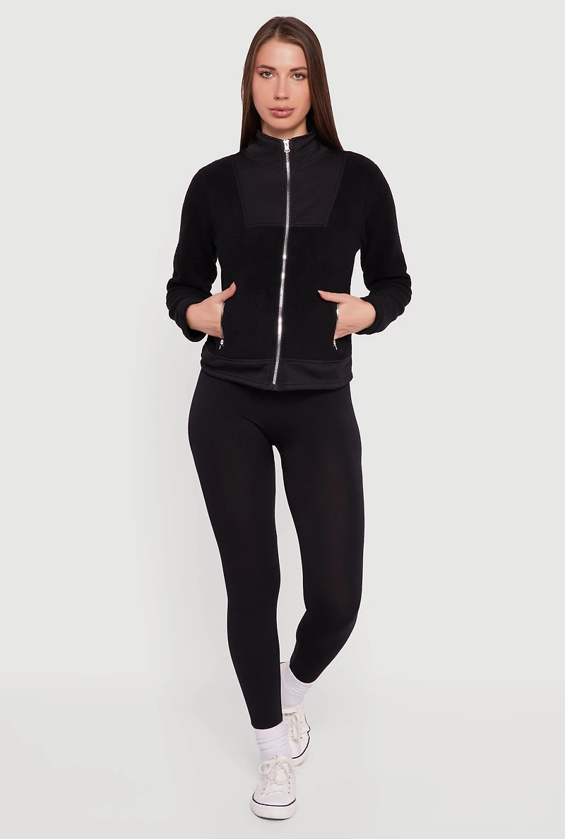 Faux Pocket Zip Front Mock Neck Fleece Jacket