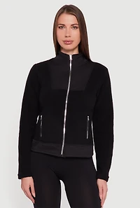 Womens Faux Pocket Zip Front Mock Neck Fleece Jacket, Black, Size M