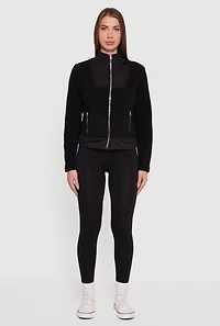 Womens Faux Pocket Zip Front Mock Neck Fleece Jacket, Black, Size M