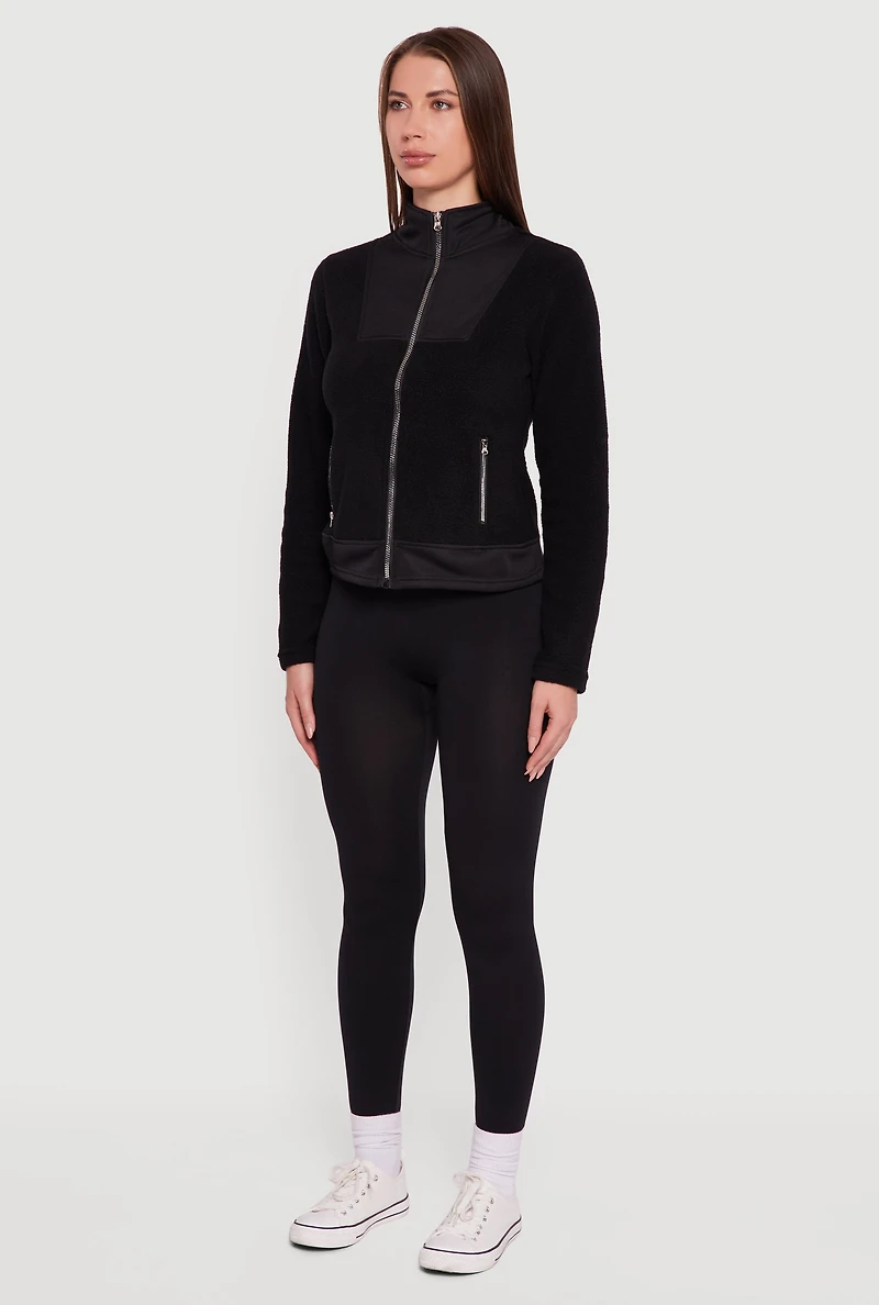 Womens Faux Pocket Zip Front Mock Neck Fleece Jacket, Black, Size M