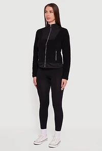 Womens Faux Pocket Zip Front Mock Neck Fleece Jacket, Black, Size M