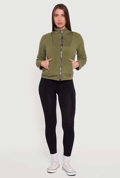 Womens Faux Pocket Zip Front Mock Neck Fleece Jacket, Green, Size XL