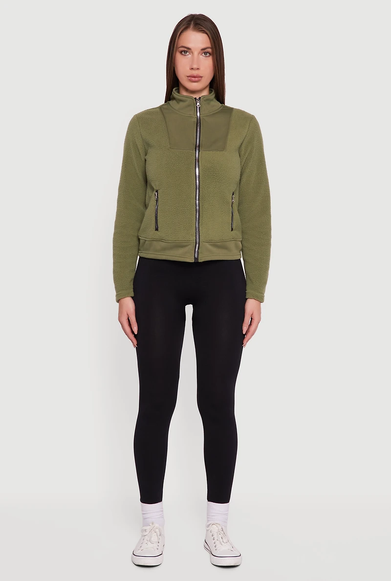 Womens Faux Pocket Zip Front Mock Neck Fleece Jacket, Green, Size XL