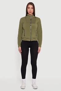 Womens Faux Pocket Zip Front Mock Neck Fleece Jacket, Green, Size XL