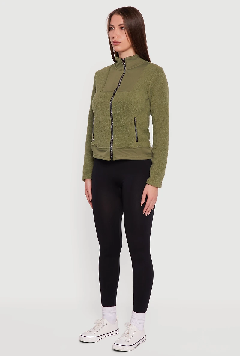 Womens Faux Pocket Zip Front Mock Neck Fleece Jacket, Green, Size XL