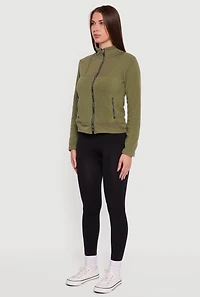 Womens Faux Pocket Zip Front Mock Neck Fleece Jacket, Green, Size XL