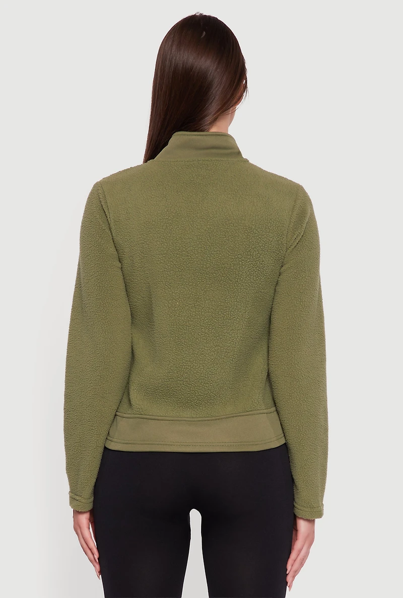 Womens Faux Pocket Zip Front Mock Neck Fleece Jacket, Green, Size XL