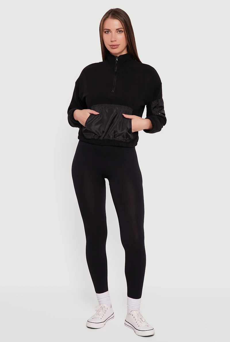 Womens Kangaroo Pocket Half Zip Mock Neck Sweatshirt, Black,