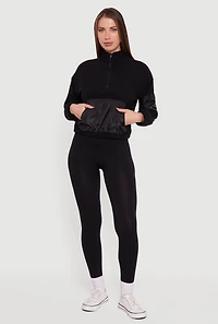 Womens Kangaroo Pocket Half Zip Mock Neck Pullover,