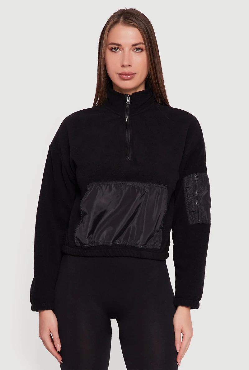 Womens Kangaroo Pocket Half Zip Mock Neck Sweatshirt, Black,
