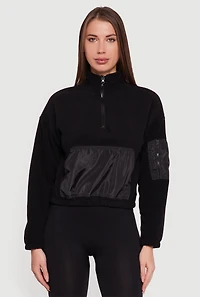 Womens Kangaroo Pocket Half Zip Mock Neck Sweatshirt, Black,