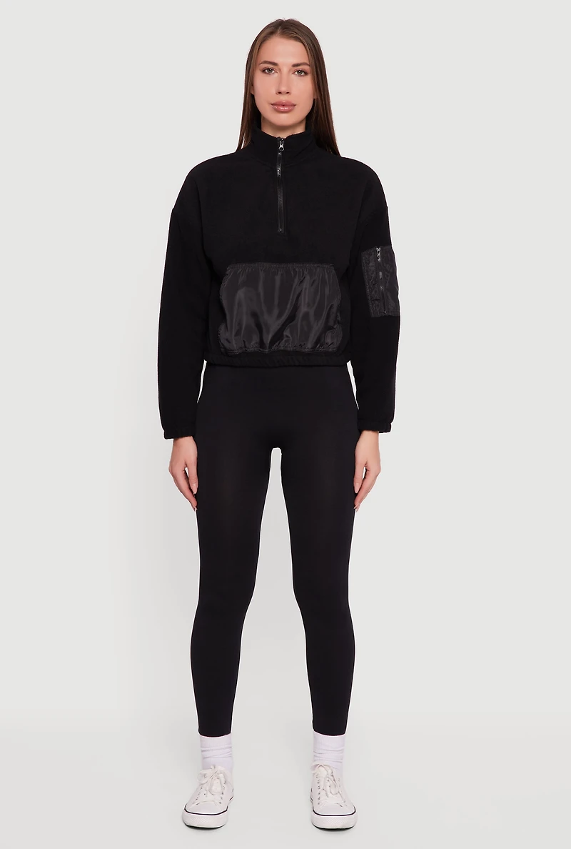 Womens Kangaroo Pocket Half Zip Mock Neck Sweatshirt, Black,