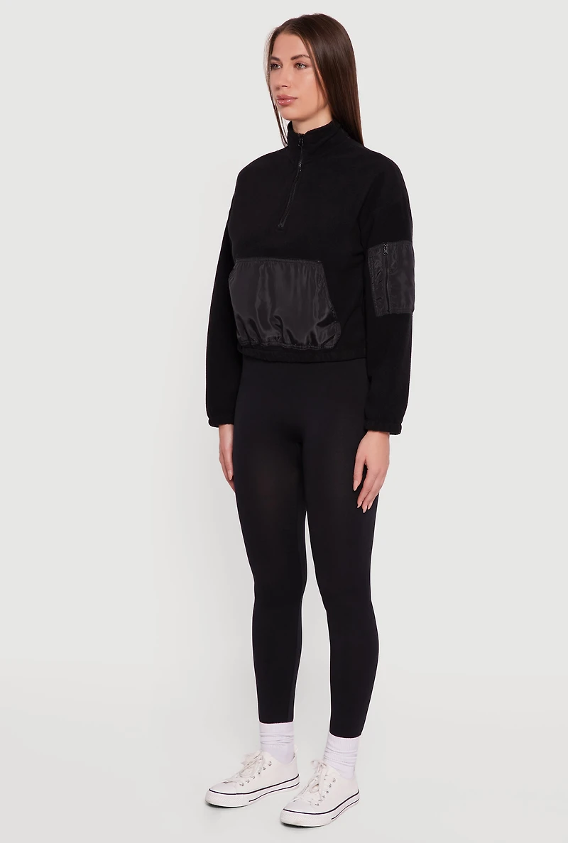 Womens Kangaroo Pocket Half Zip Mock Neck Sweatshirt, Black,