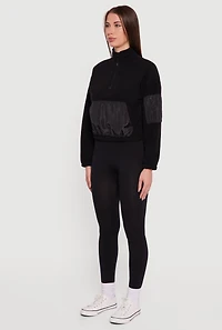 Womens Kangaroo Pocket Half Zip Mock Neck Sweatshirt, Black,