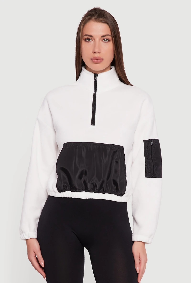 Womens Kangaroo Pocket Half Zip Mock Neck Pullover, White, Size M