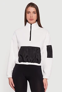 Womens Kangaroo Pocket Half Zip Mock Neck Pullover, White, Size M