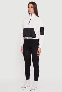 Womens Kangaroo Pocket Half Zip Mock Neck Pullover, White, Size M