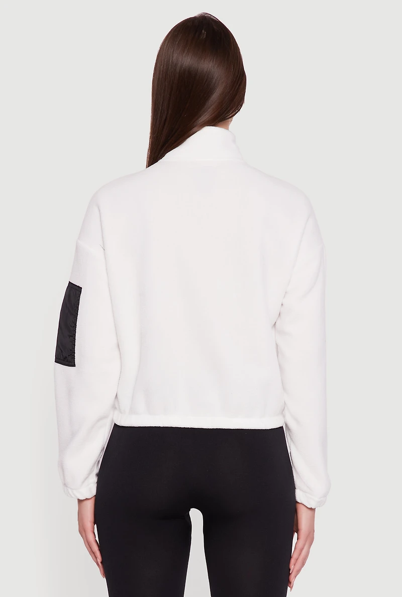 Womens Kangaroo Pocket Half Zip Mock Neck Pullover, White, Size M