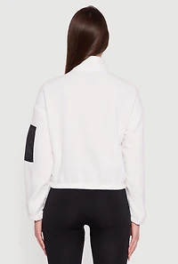 Womens Kangaroo Pocket Half Zip Mock Neck Pullover, White, Size M