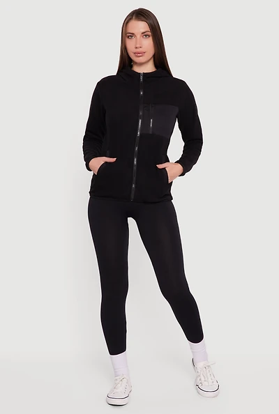 Womens Fleece Long Sleeve Zip Front Hooded Jacket,
