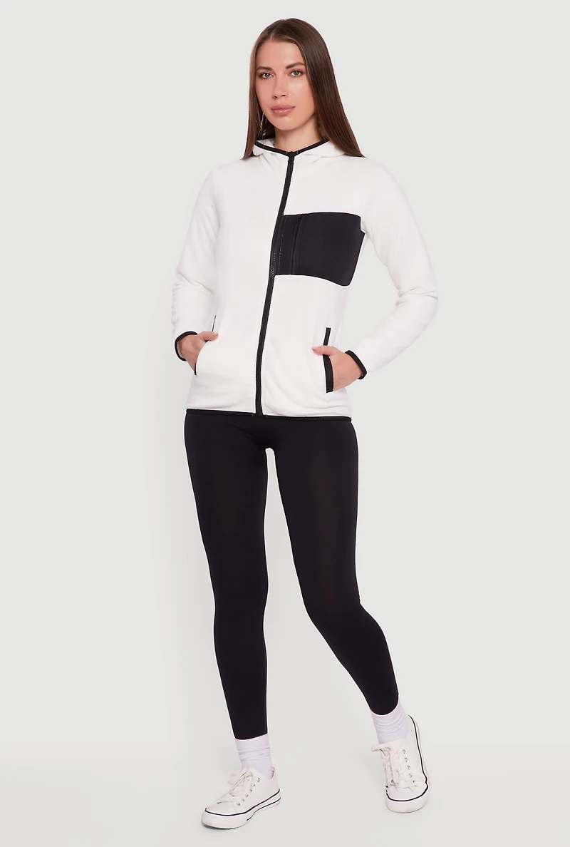 Womens Fleece Long Sleeve Zip Front Hooded Jacket, White, Size XL