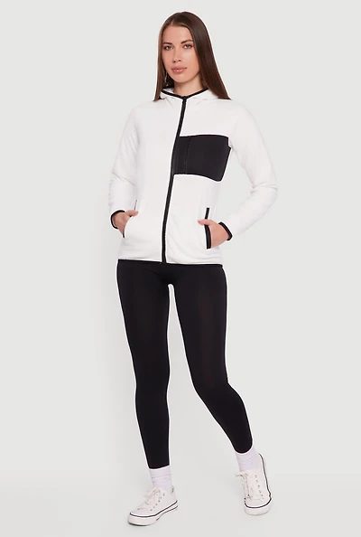 Womens Fleece Long Sleeve Zip Front Hooded Jacket, White, Size XL