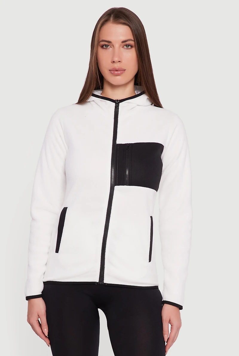 Womens Fleece Long Sleeve Zip Front Hooded Jacket, White, Size XL