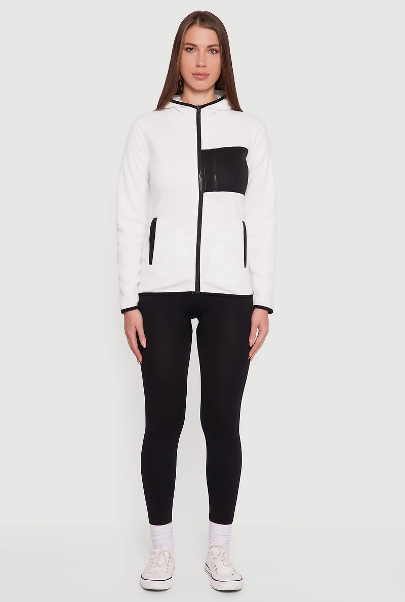 Womens Fleece Long Sleeve Zip Front Hooded Jacket, White, Size XL