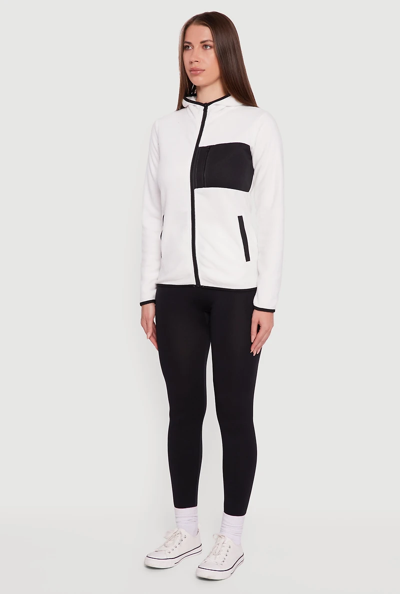 Womens Fleece Long Sleeve Zip Front Hooded Jacket, White, Size S