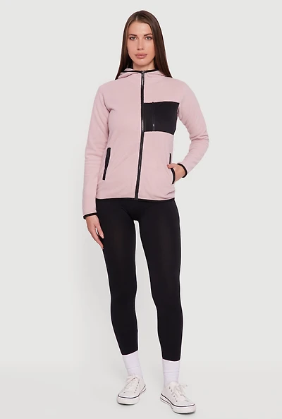 Womens Fleece Long Sleeve Zip Front Hooded Jacket, Pink, Size M