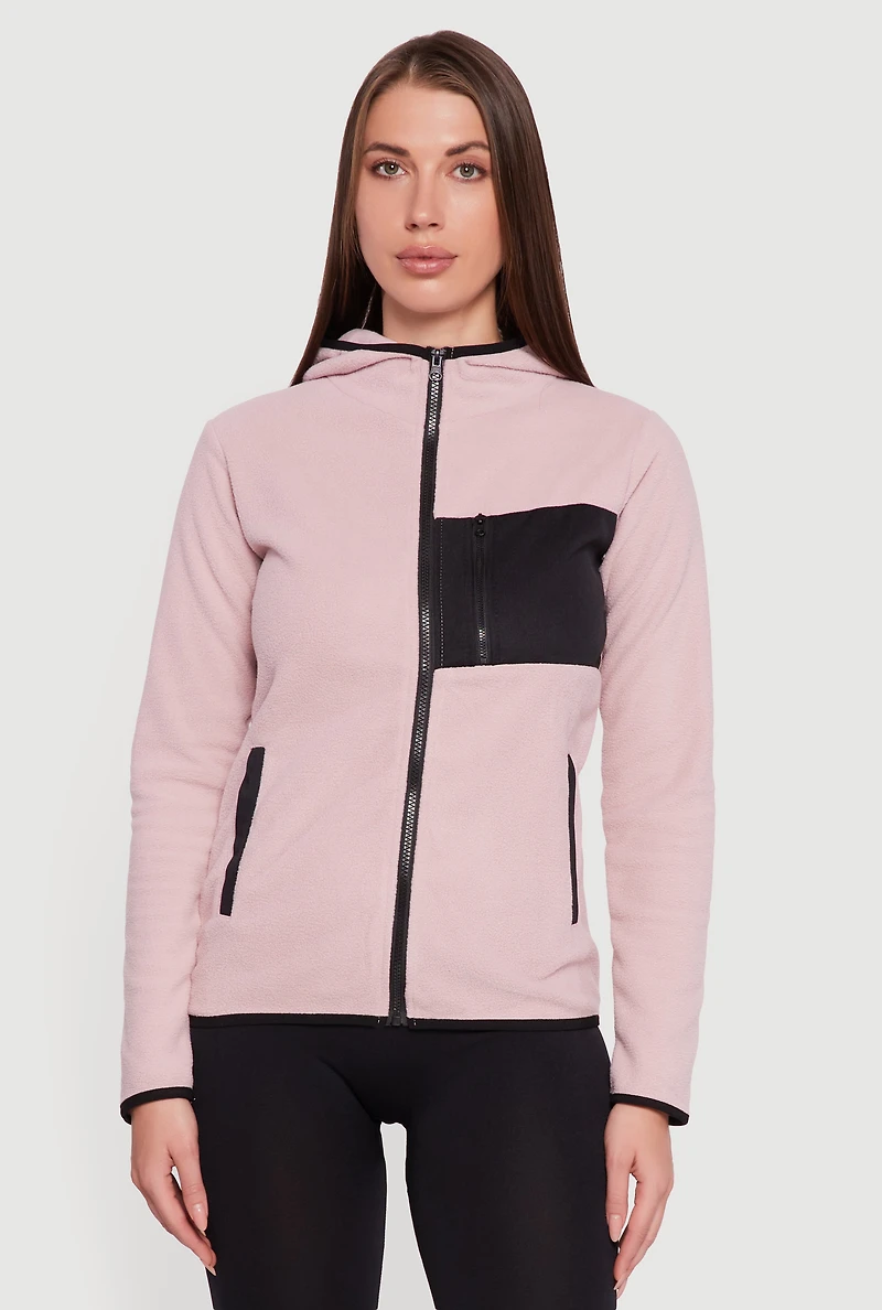 Womens Fleece Long Sleeve Zip Front Hooded Jacket, Pink, Size M