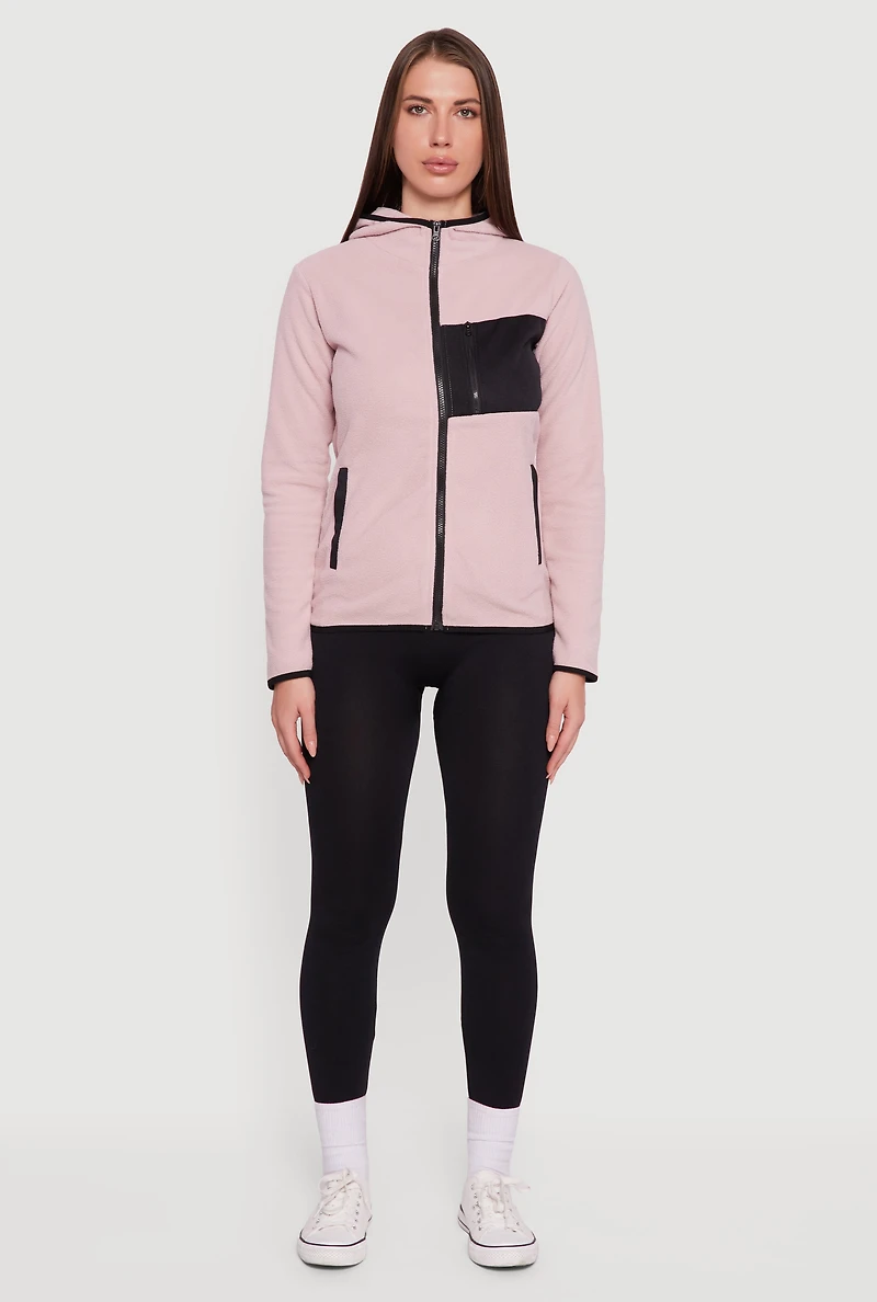Womens Fleece Long Sleeve Zip Front Hooded Jacket, Pink, Size M