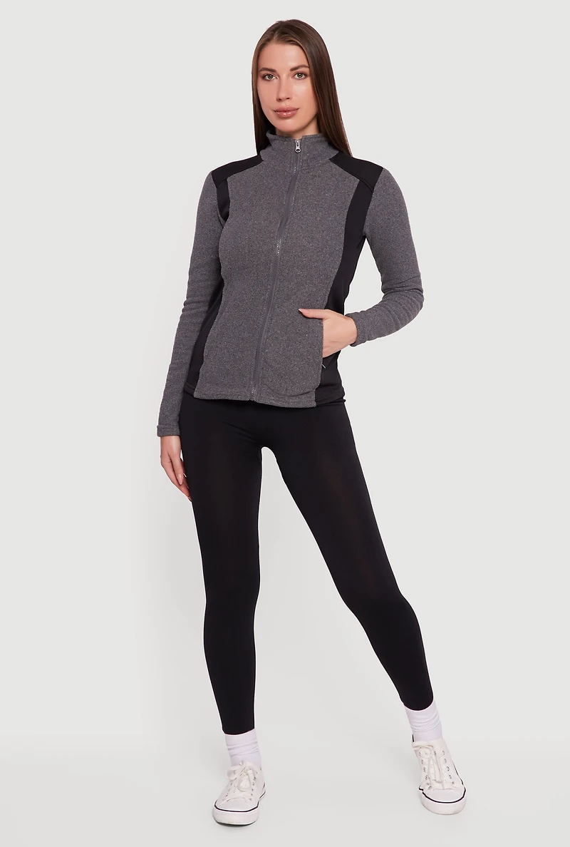 Womens Fleece Zip Front Mock Neck Long Sleeve Jacket, Grey, Size M