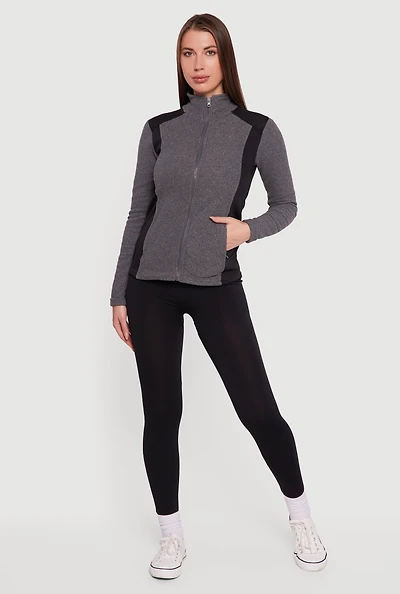 Womens Fleece Zip Front Mock Neck Long Sleeve Jacket, Grey, Size M