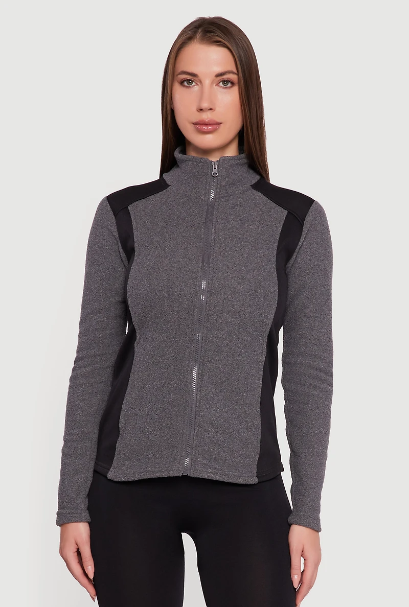 Womens Fleece Zip Front Mock Neck Long Sleeve Jacket,