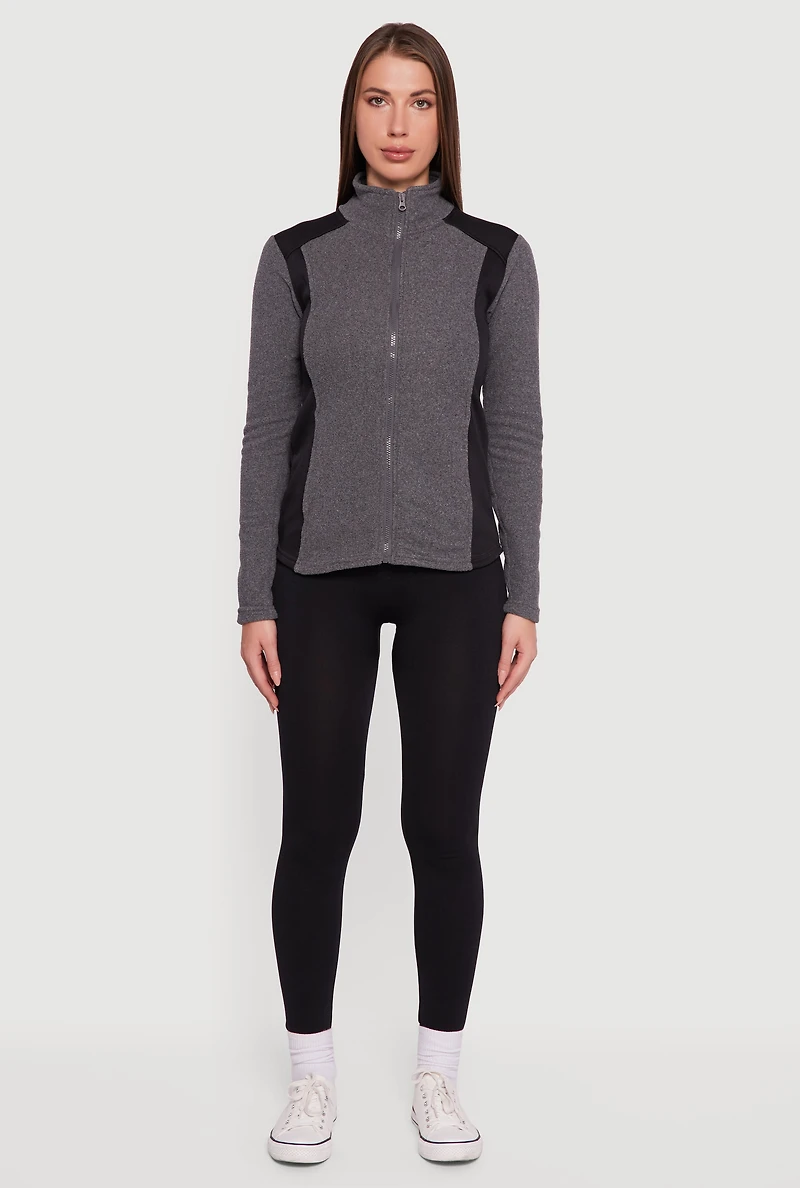 Womens Fleece Zip Front Mock Neck Long Sleeve Jacket, Grey, Size M