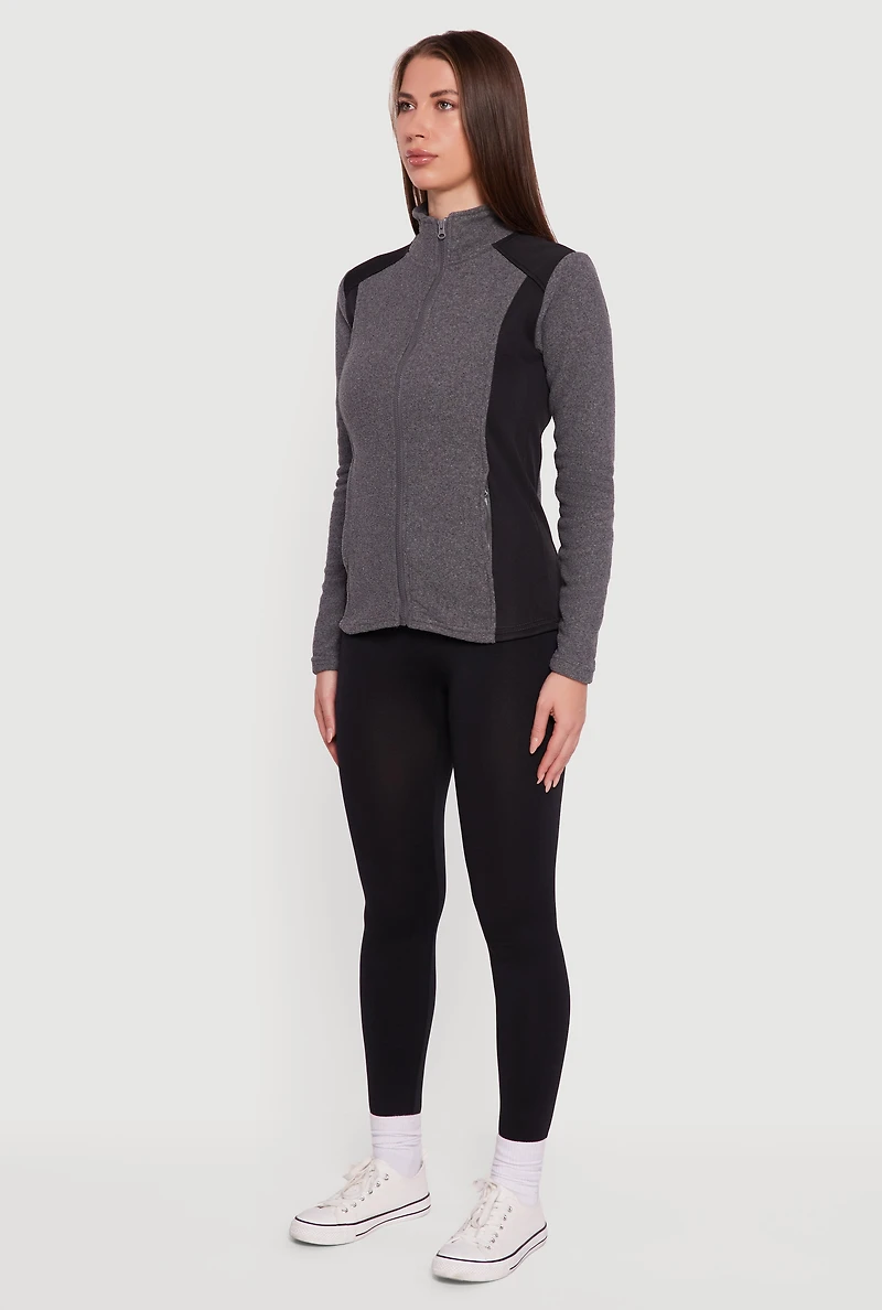 Womens Fleece Zip Front Mock Neck Long Sleeve Jacket,