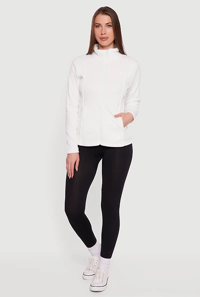 Womens Fleece Zip Front Mock Neck Long Sleeve Jacket, White,