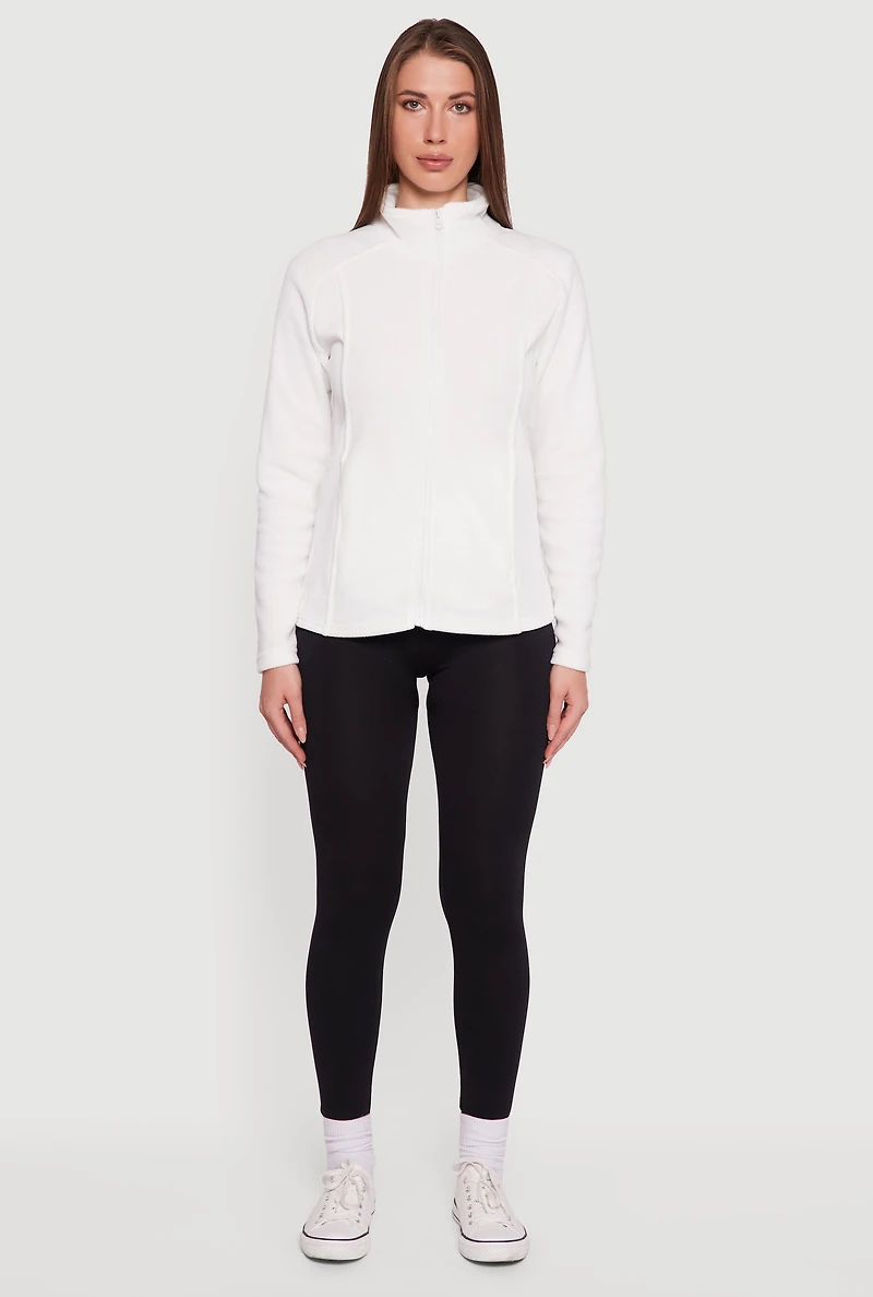 Womens Fleece Zip Front Mock Neck Long Sleeve Jacket, White, Size L