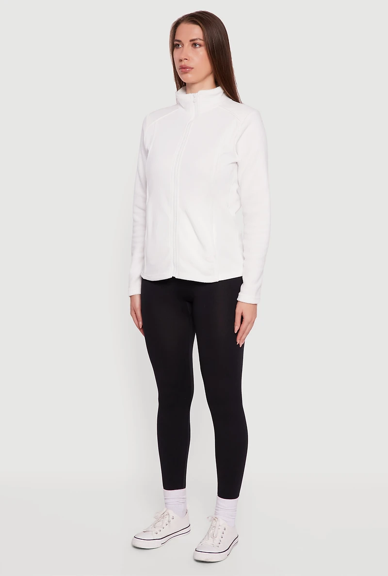 Womens Fleece Zip Front Mock Neck Long Sleeve Jacket, White, Size L