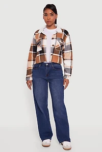 Womens Cozy Sherpa Lined Plaid Shacket,